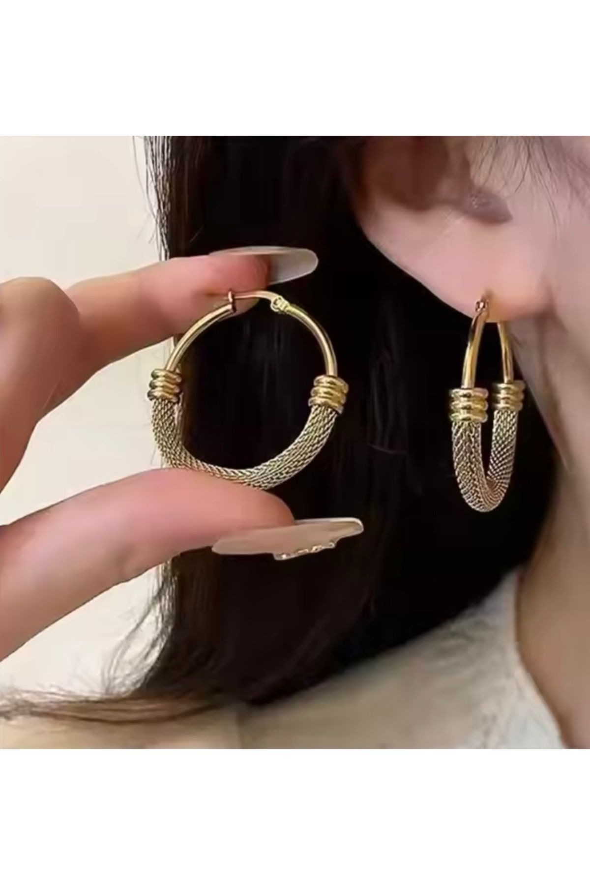 Paslanmaz Çelik Hasır Detaylı Pinterest Gold Halka Küpe
