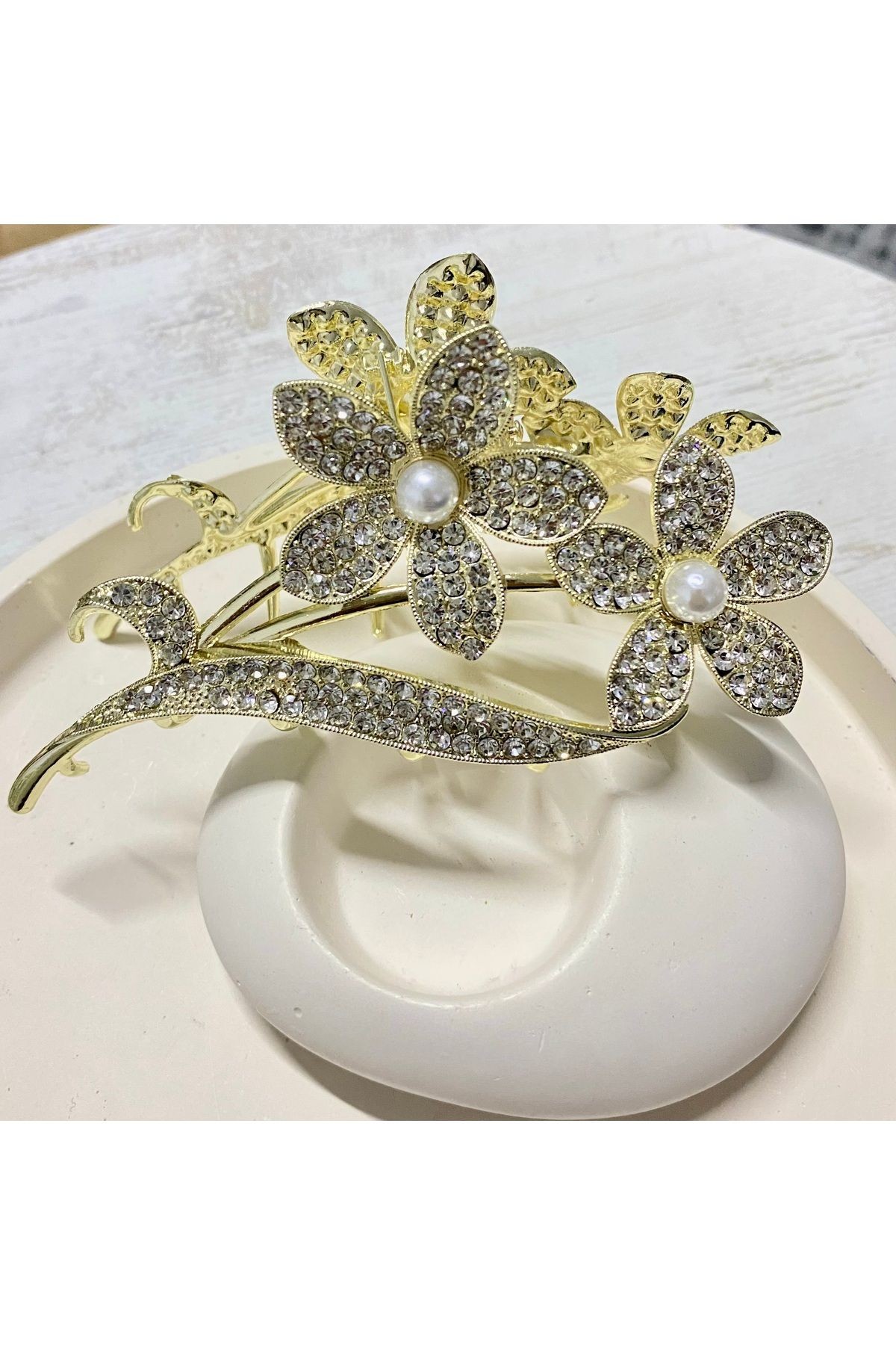 İncili Taşlı Papatya Desenli Metal Toka 11,5x6cm
