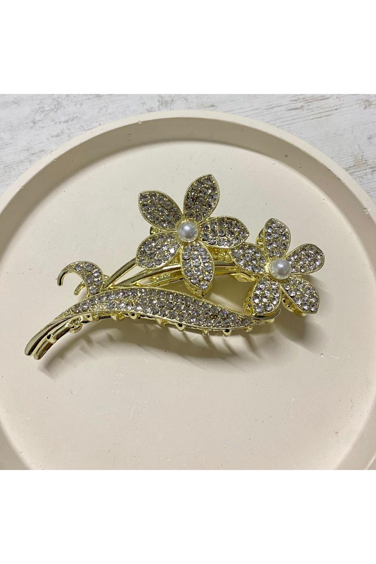 İncili Taşlı Papatya Desenli Metal Toka 11,5x6cm