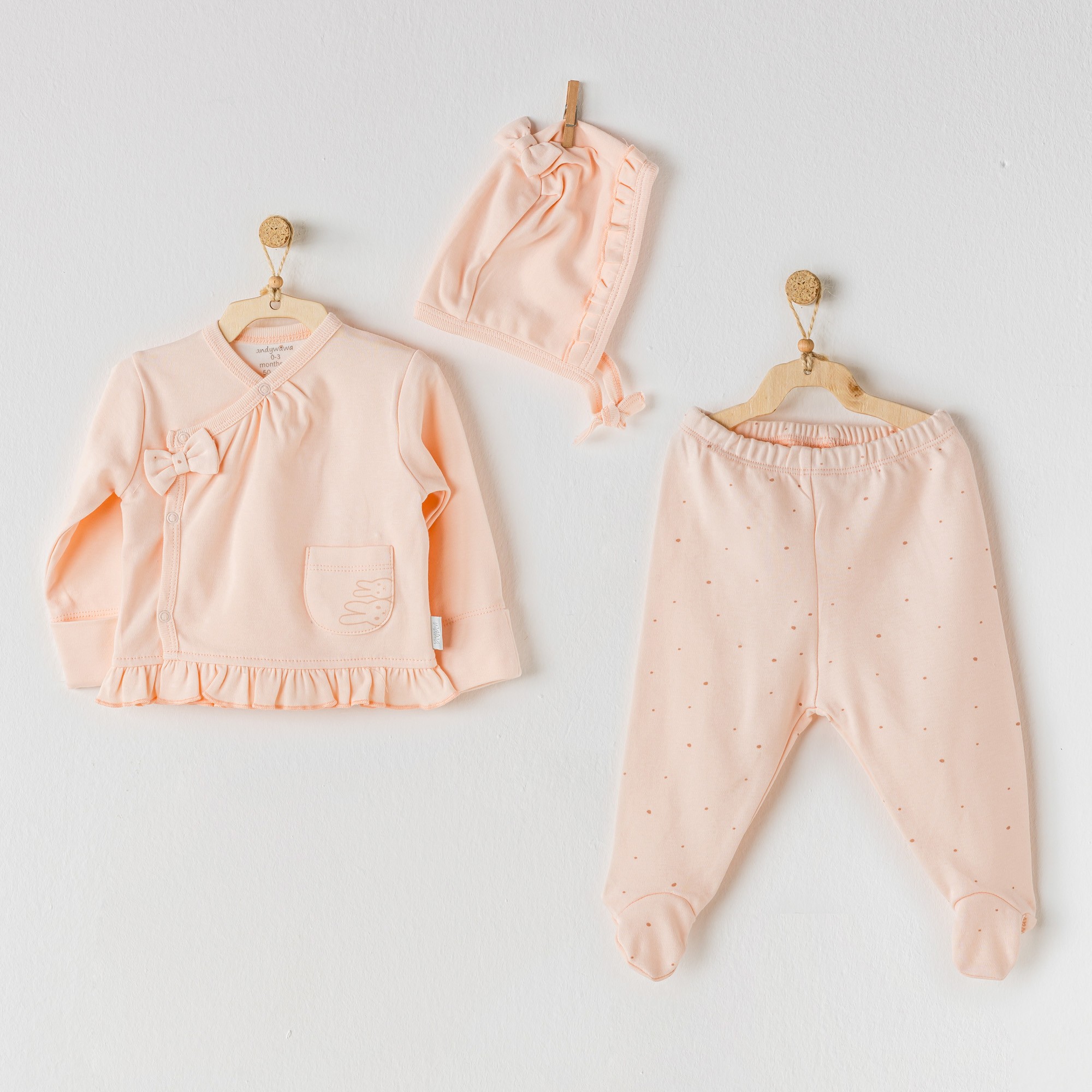BEBEK ZIBIN TAKIM 3 PCS SIDE SNAP SET %100 Organic Cotton GOTS HIDING RABBITS - SALMON