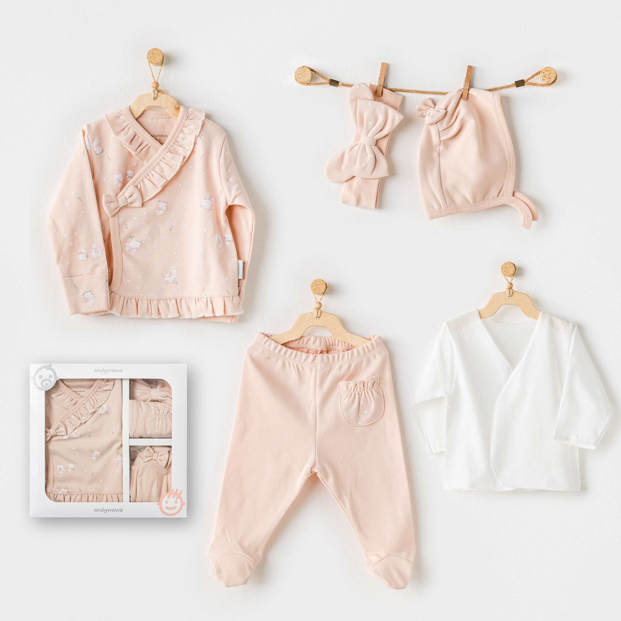 BEBEK HASTANE ÇIKIŞI 5 PCS NEWBORN SET  CUTE BUNNIES BE SKING - PINK