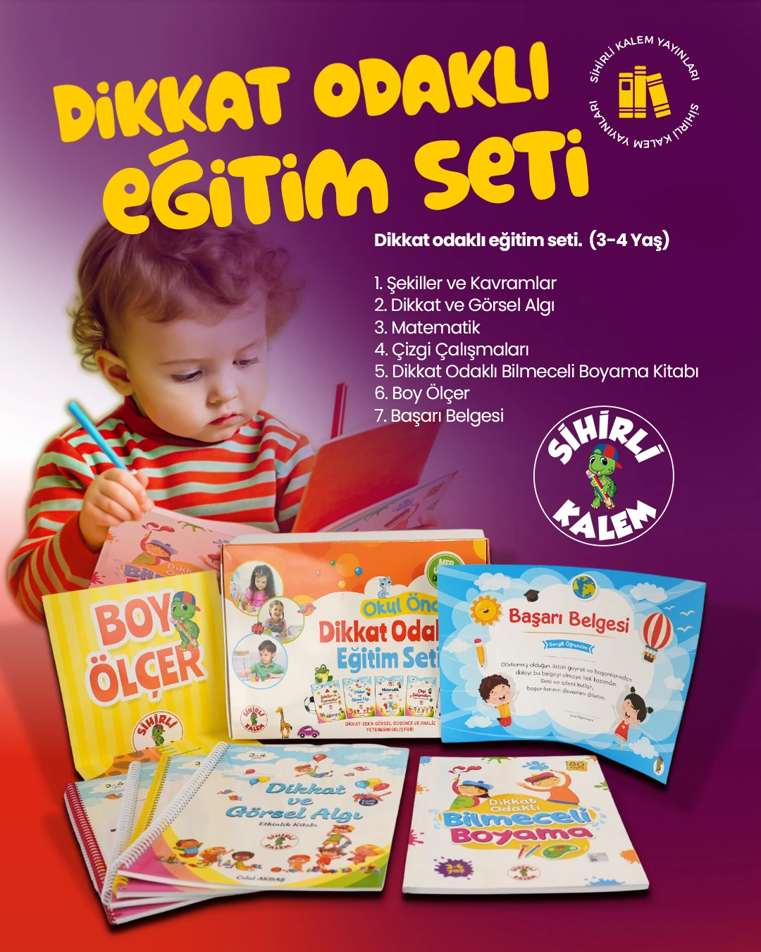 Dikkat Odaklı Eğitim Seti 3-4 yaş (5 kitap +Boy Ölçer+ Başarı Karnesi)