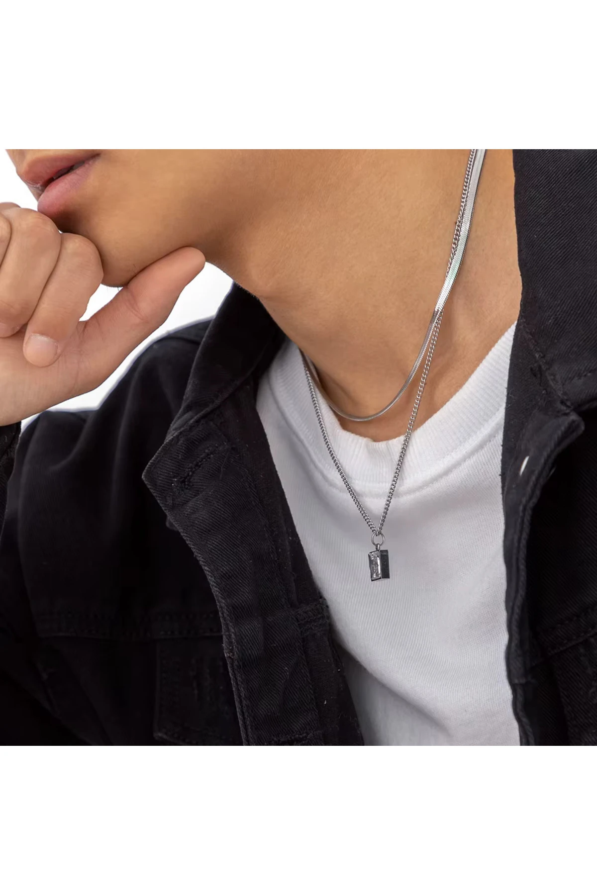 Dobby 2'li İtalyan Zincirli Zirkon Taşlı Gümüş Renkli Erkek Kararmaz Çelik Kolye