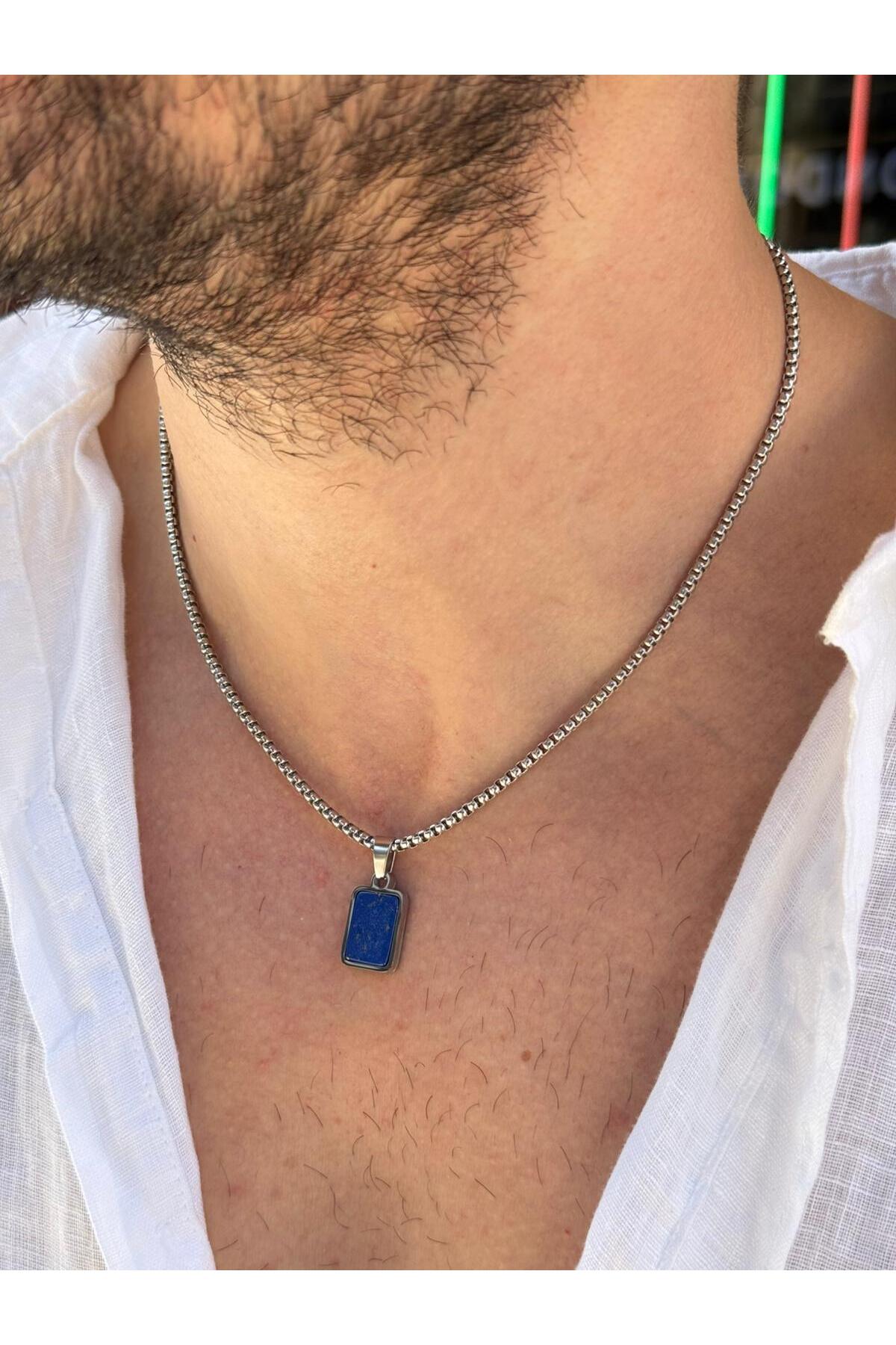 Finrod Erkek Minimal Dikdörtgen Lacivert Lapis Lazuli Doğal Taş Uçlu Çelik Kolye