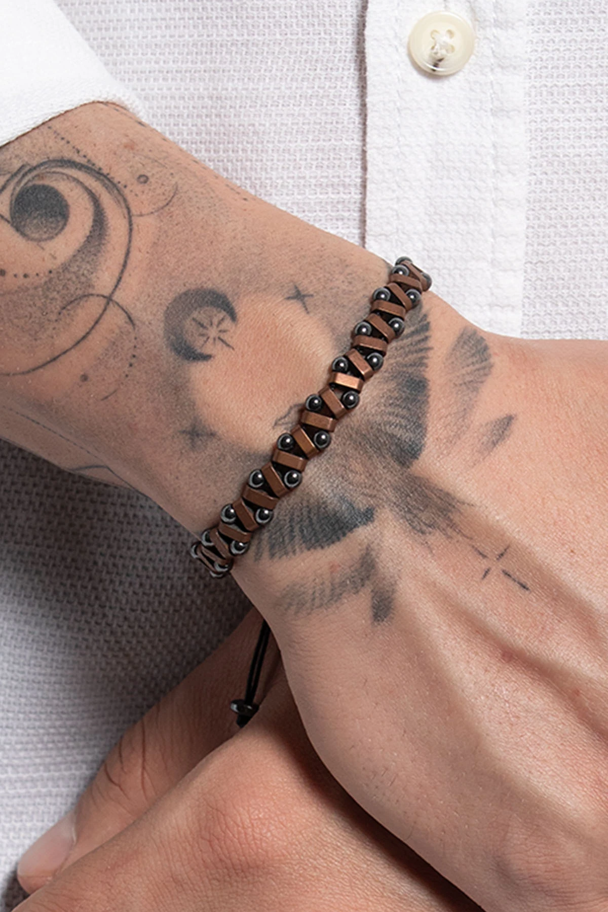 Arnor Erkek Bronz Renk Geometrik Zikzak Model Ayarlanabilir Makrome Örgü Bileklik