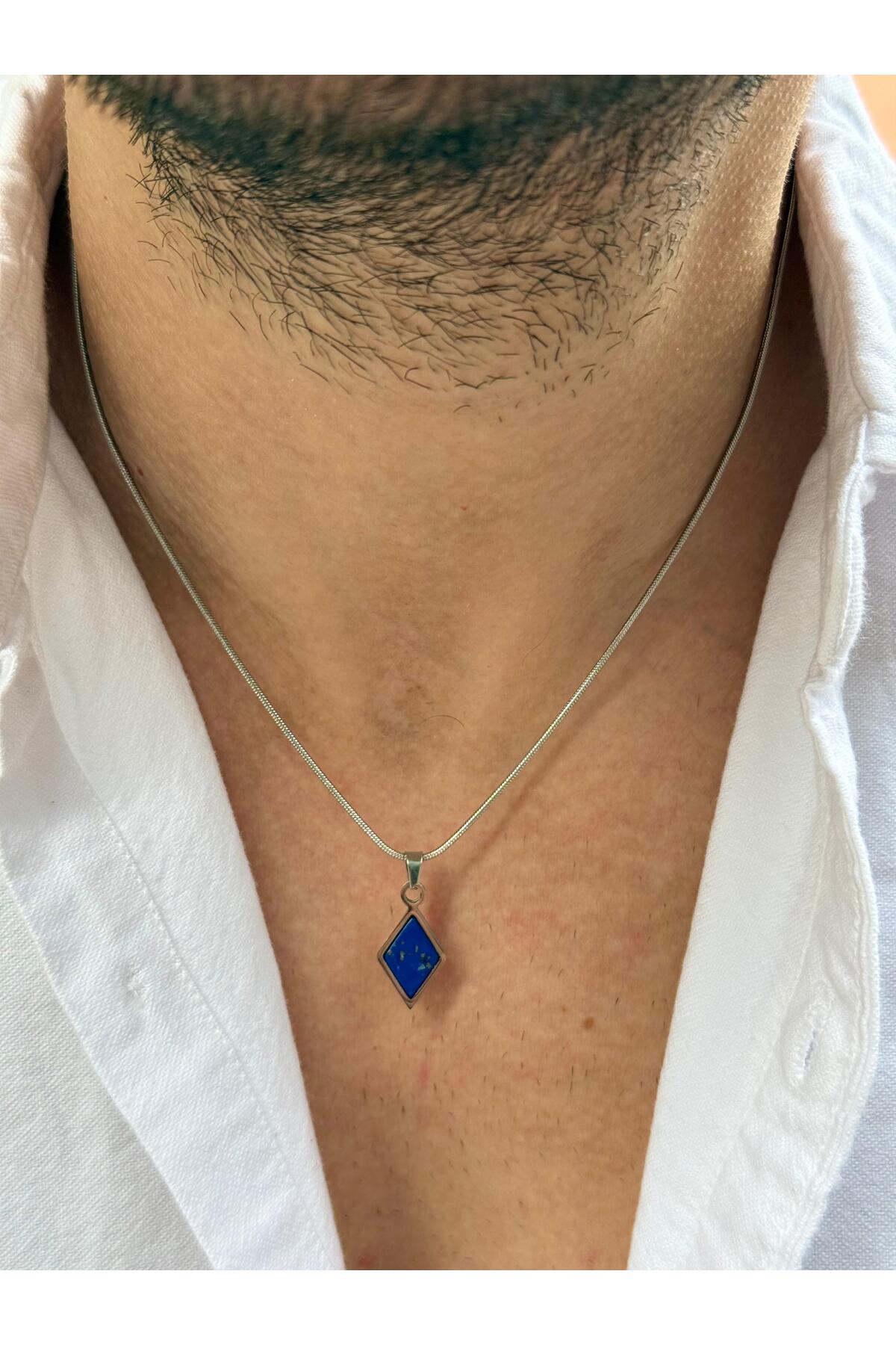 Glóin Erkek Lacivert Lapis Lazuli Doğal Taşlı Baklava Model Paslanmaz Çelik Kolye