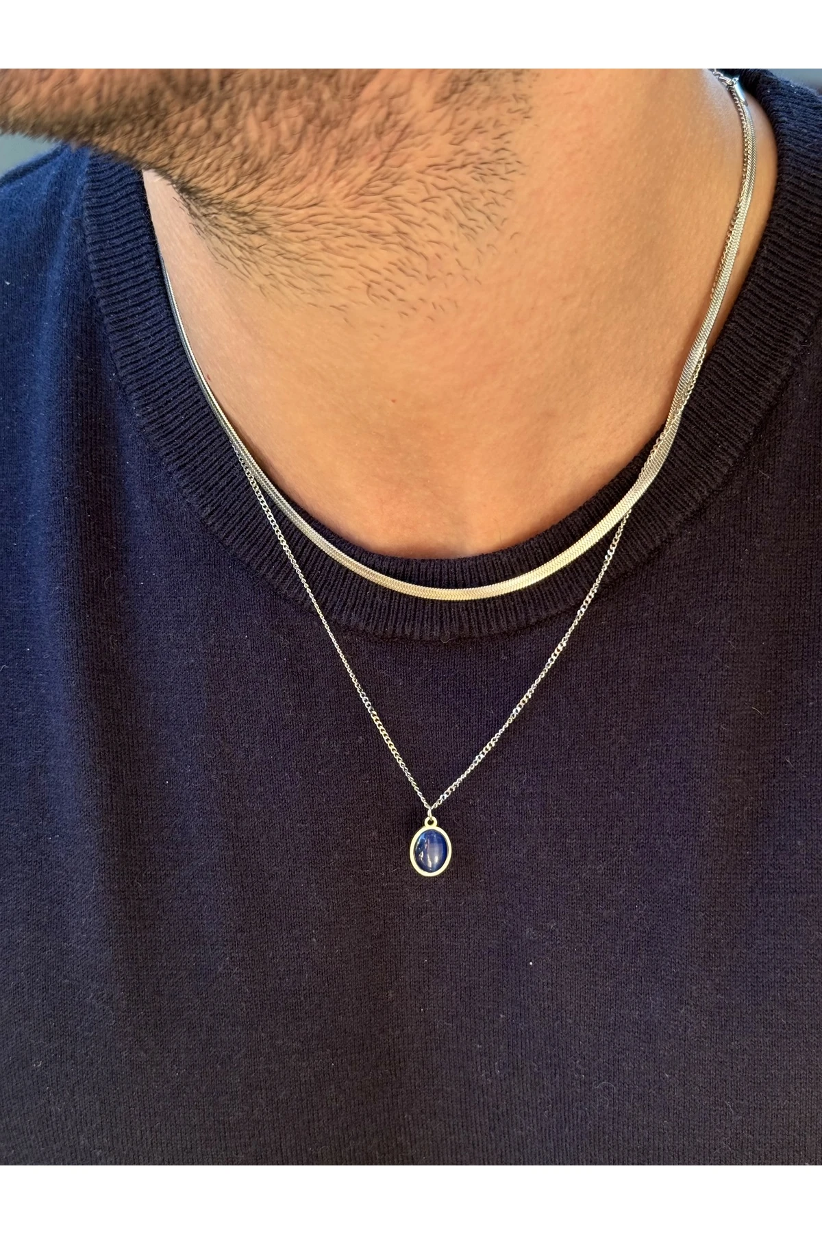Morgoth 2'li İtalyan Zincirli Lacivert Doğal Taşlı Gümüş Renk Zincirli Erkek Kararmaz Çelik Kolye