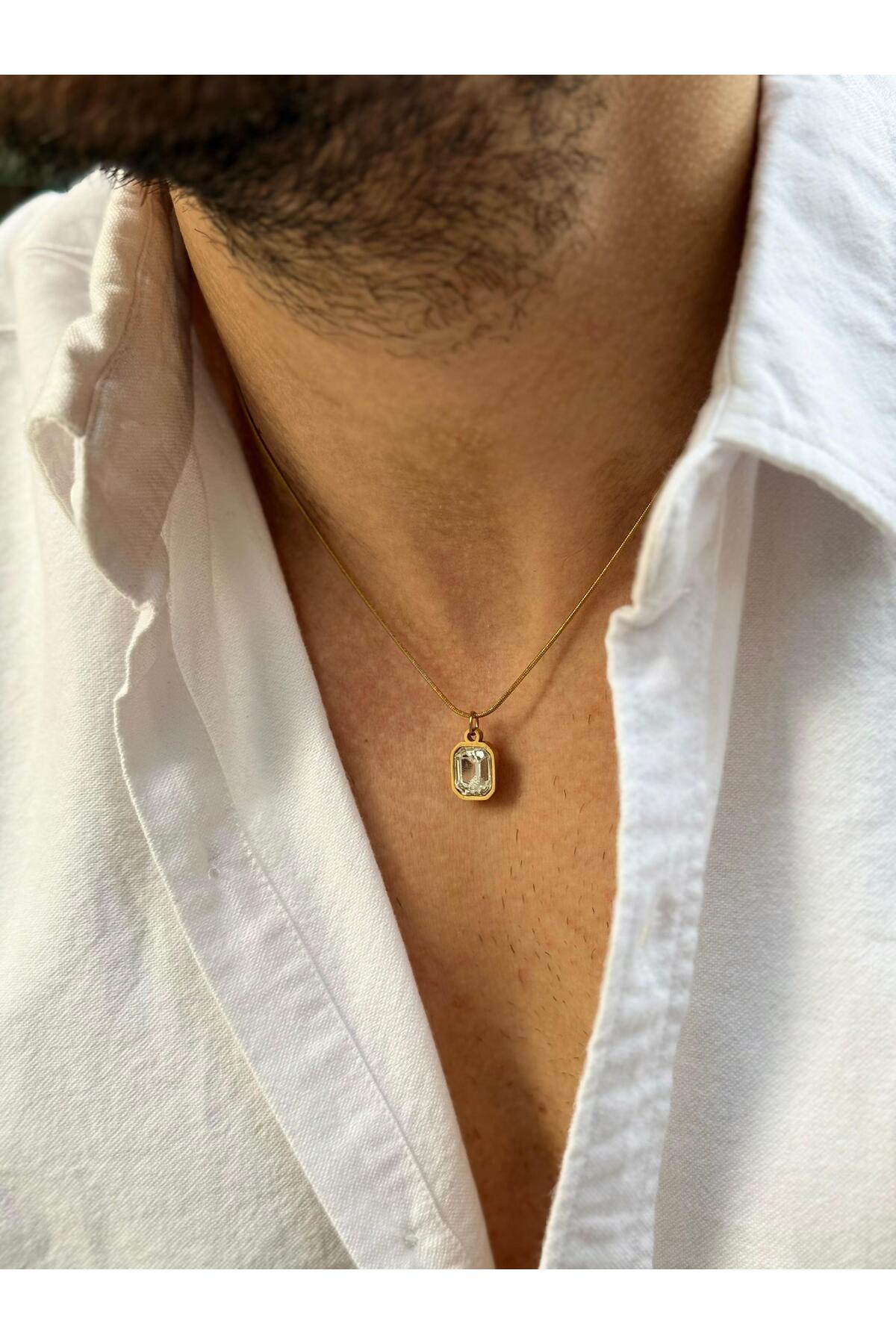 Aredhel Altın Renk Zirkon Taş Detaylı Paslanmaz Çelik Erkek Kolye