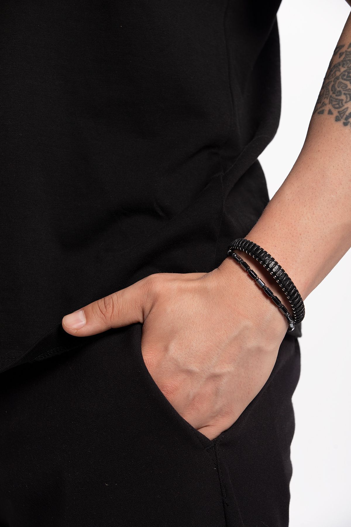 Narmacil Deri & Hematit Doğal Taşlı 2'li Erkek Bileklik