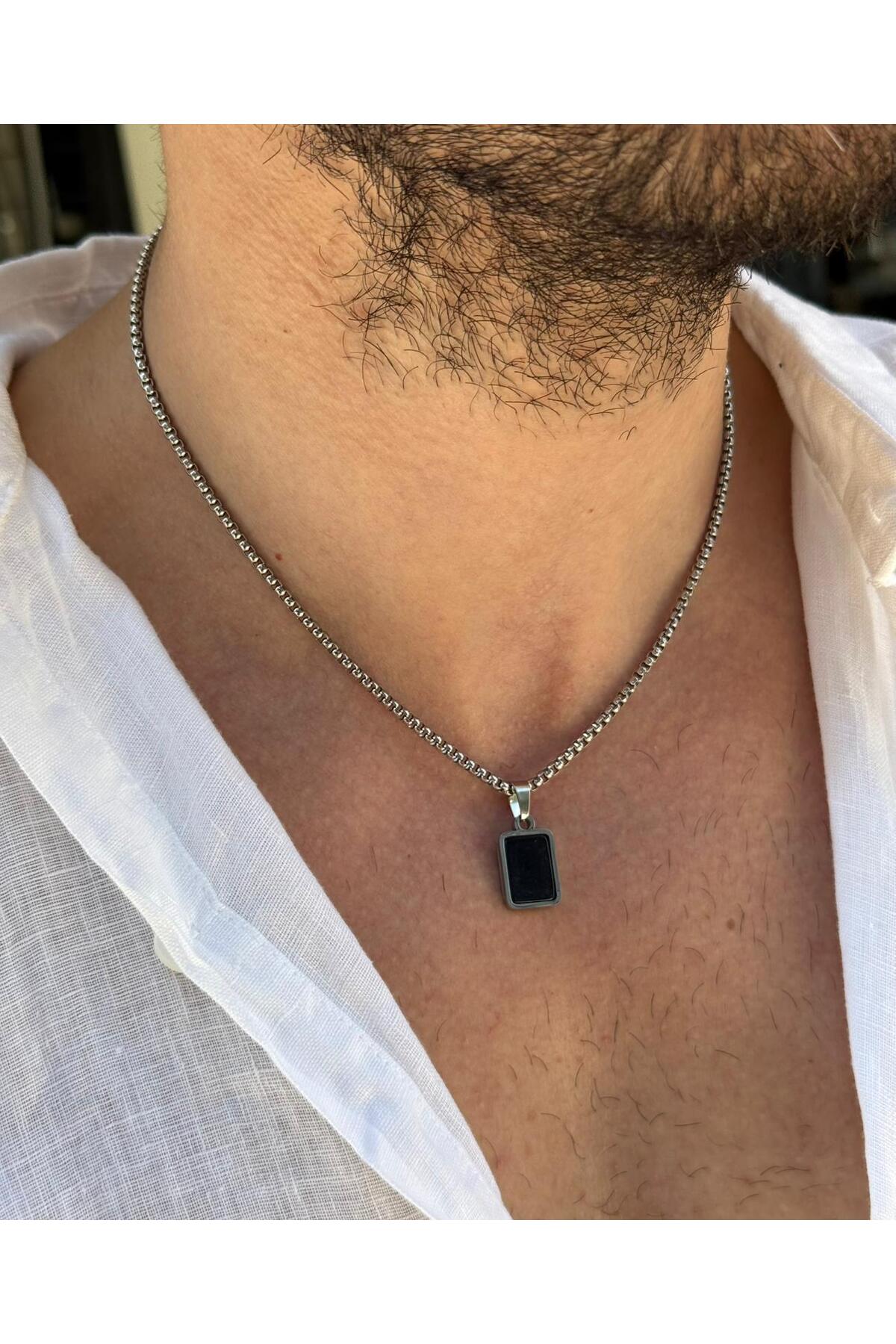 Butch Erkek Minimal Dikdörtgen Siyah Oniks Doğal Taş Uçlu Çelik Kolye
