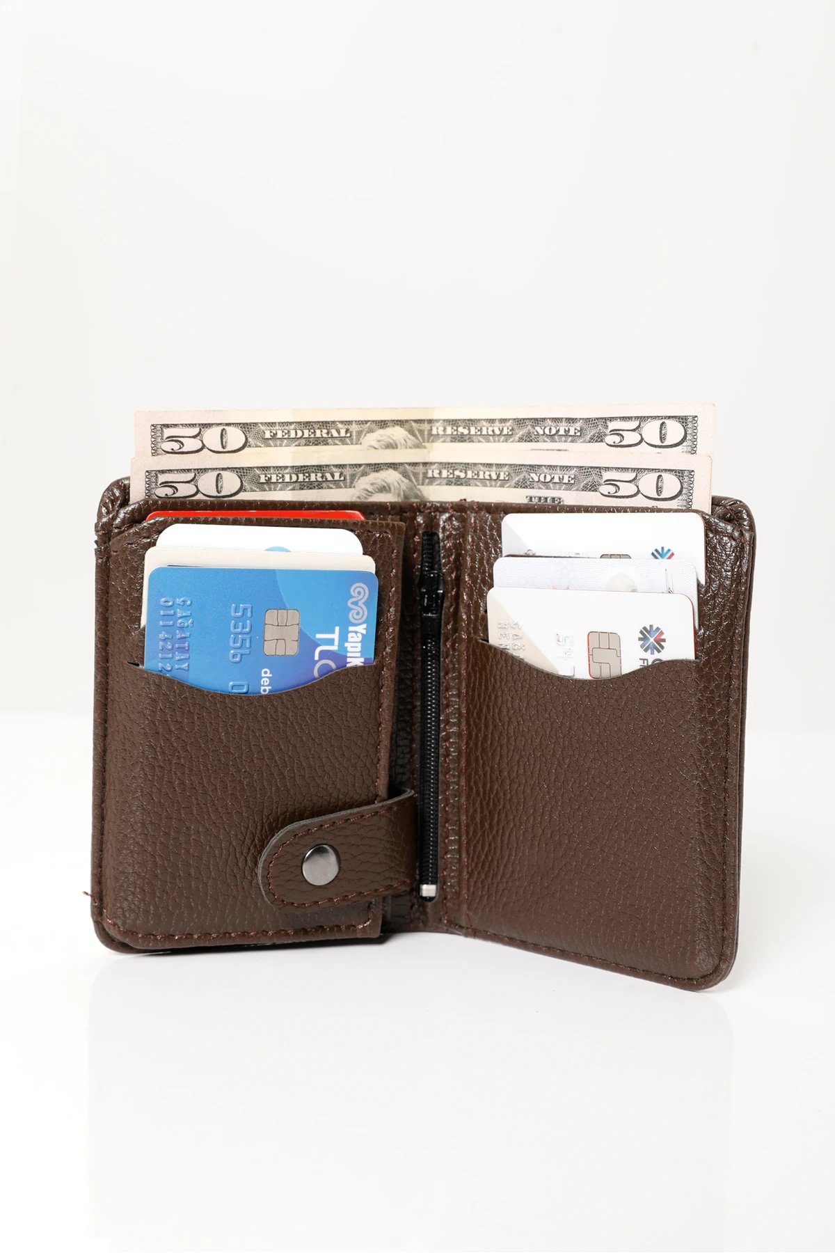 Erkek Kahverengi Vegan Deri Dikey Spor Cüzdan