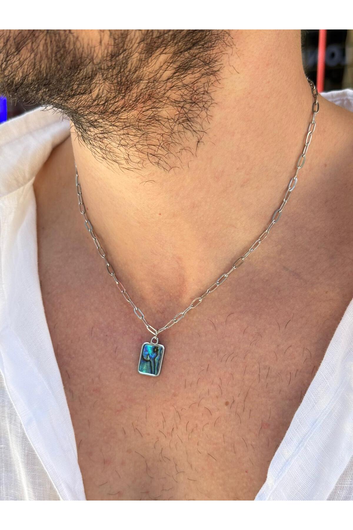 Bauglir Erkek Hologramlı Abalone Doğal Taş Uçlu Çelik Kolye