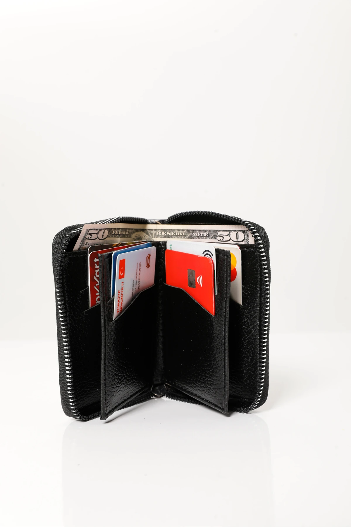 Erkek Siyah Vegan Deri Dikey Fermuarlı Kartlık Ve Cüzdan