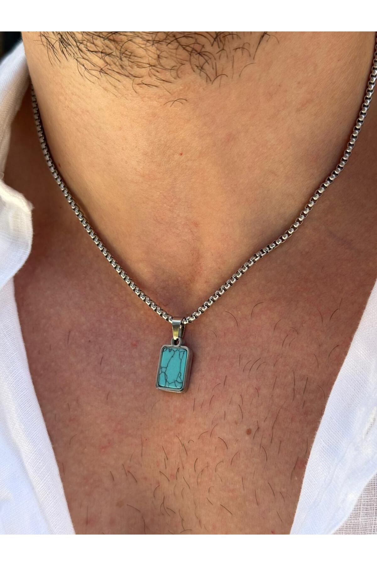 Anzu Erkek Minimal Dikdörtgen Yeşil Krizopraz Doğal Taş Uçlu Çelik Kolye