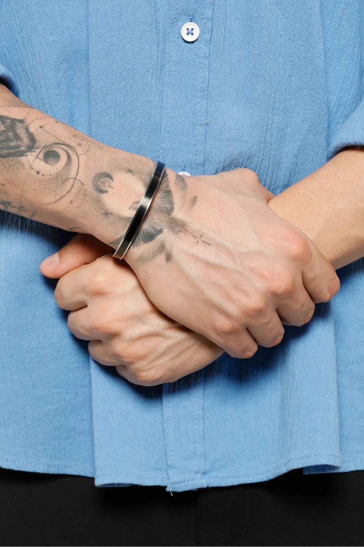 Atanatar Erkek Siyah-gümüş Paslanmaz Düz Çelik Kelepçe Bileklik