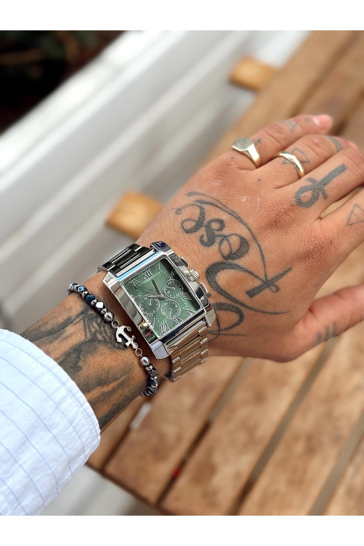 Dikdörtgen Kasa,Gümüş Metal Kordon, Yeşil Kadran, Roma İndeksli Erkek Kol Saati