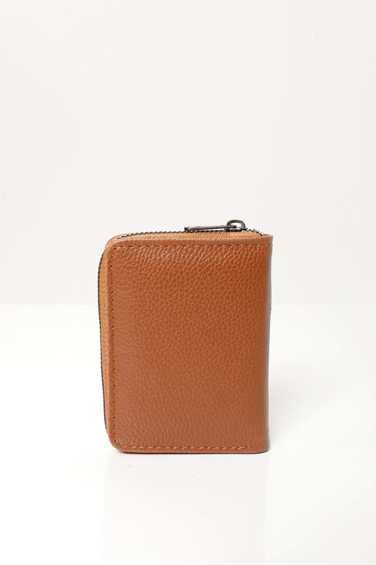 Erkek Taba Vegan Deri Dikey Fermuarlı Kartlık Ve Cüzdan