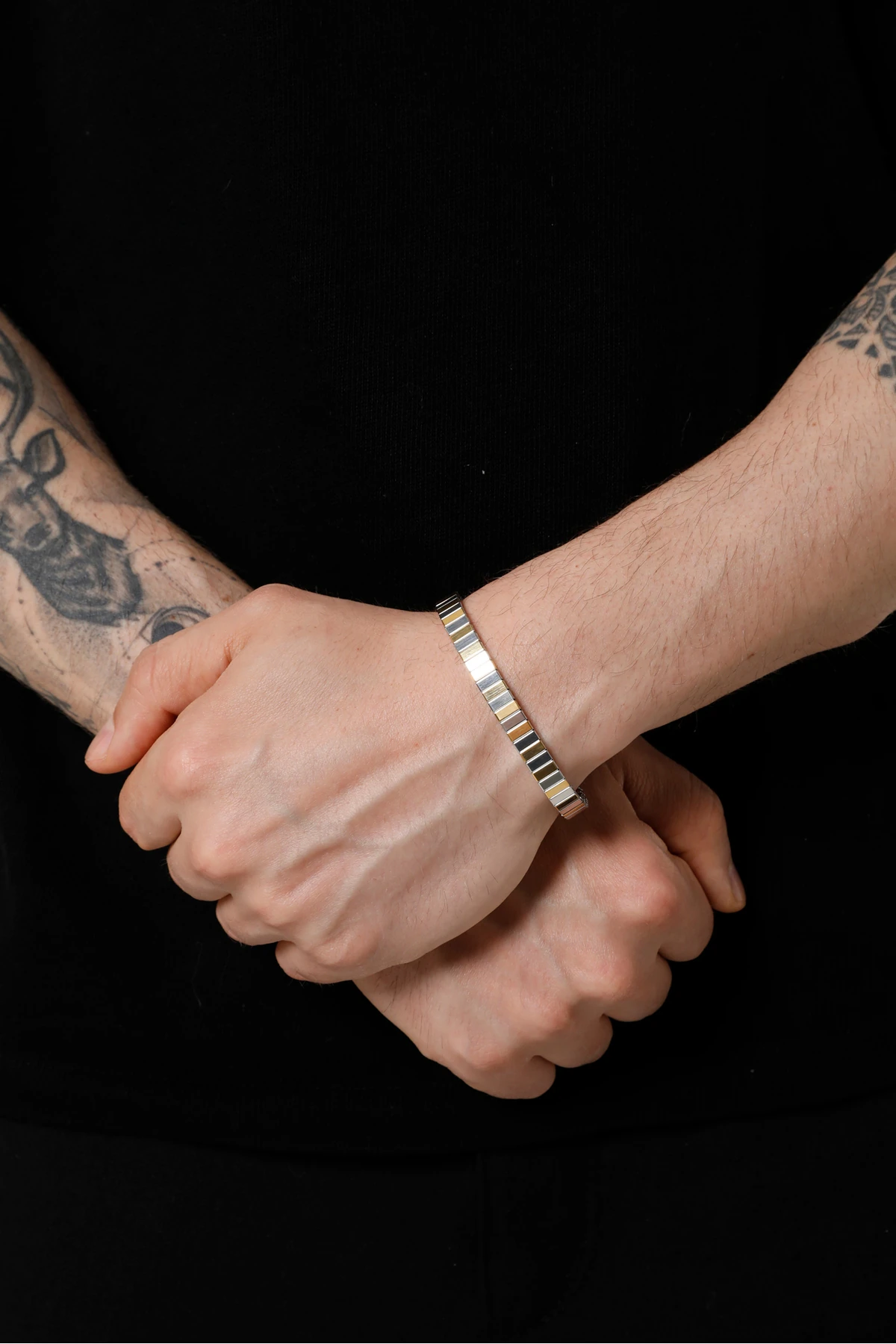 Erkek Gümüş-Altın Renk Yaylı Kelepçe Bileklik