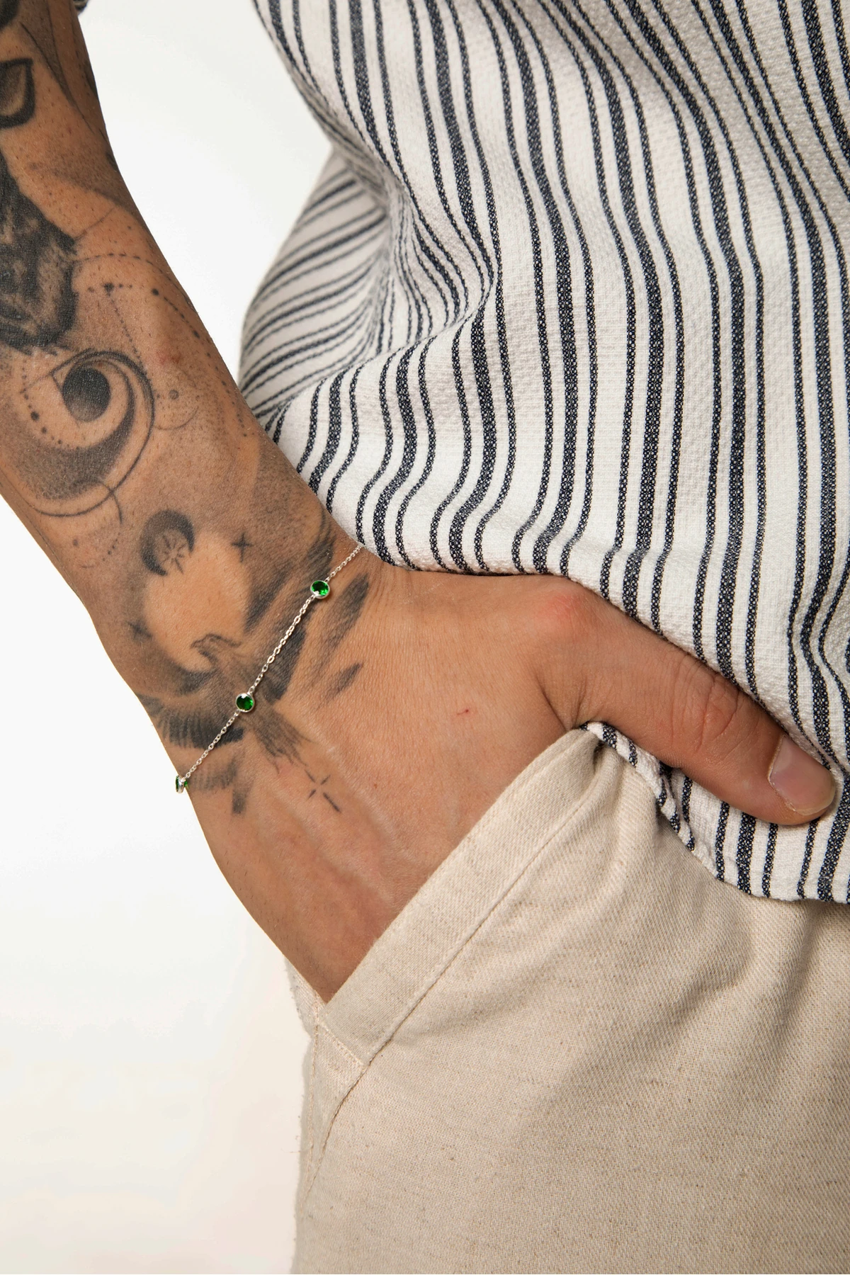 Tata 925 Ayar Gümüş Yeşil Doğal Taşlı Erkek Bileklik