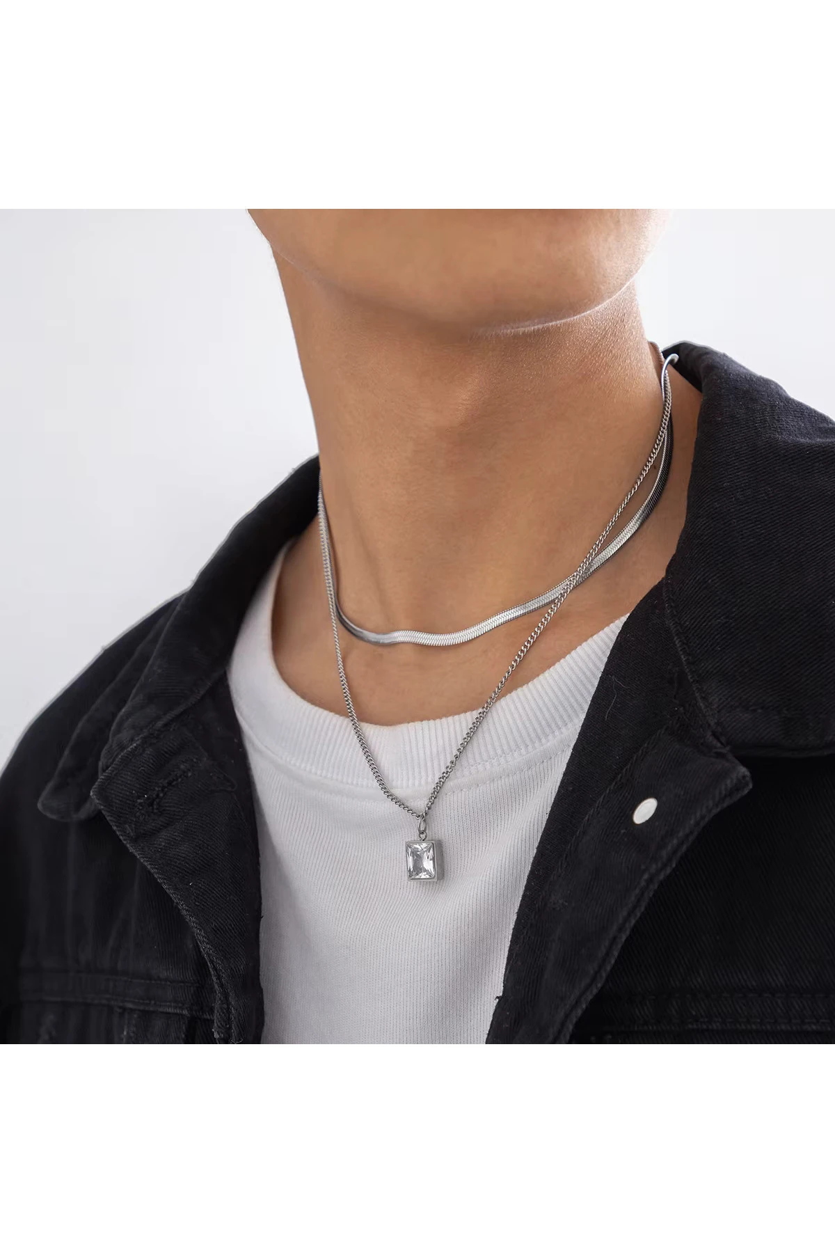 Dobby 2'li İtalyan Zincirli Zirkon Taşlı Gümüş Renkli Erkek Kararmaz Çelik Kolye