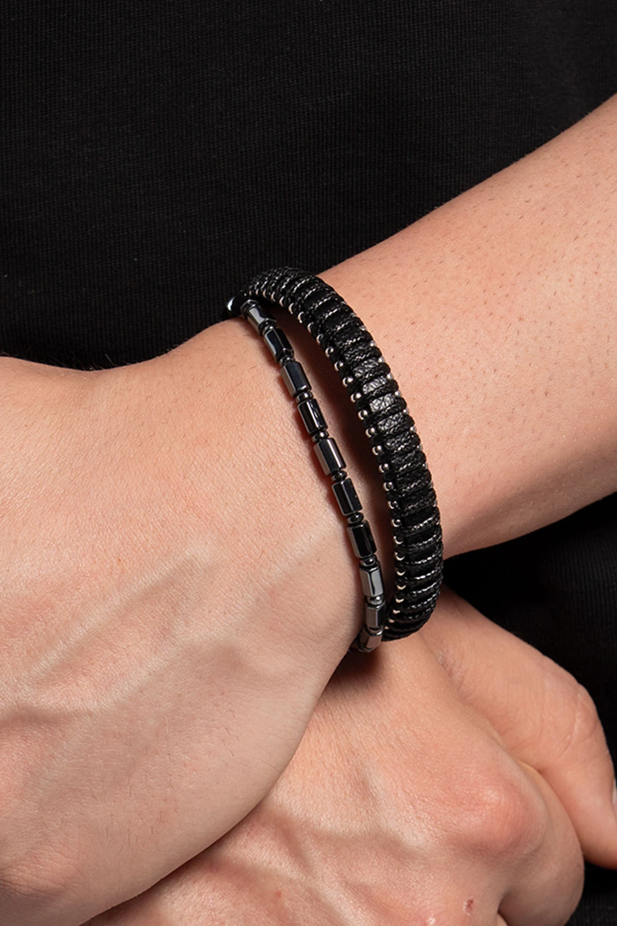 Narmacil Deri & Hematit Doğal Taşlı 2'li Erkek Bileklik