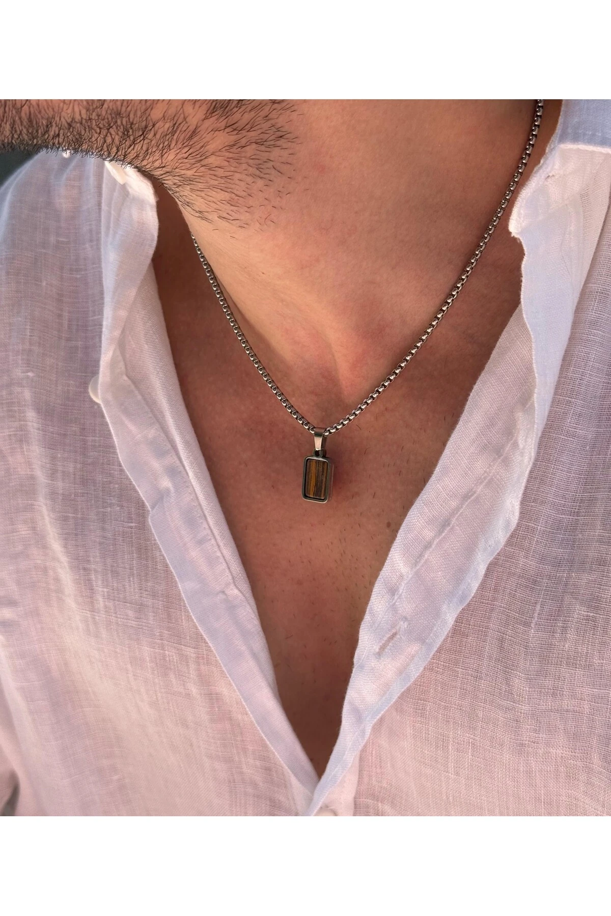 Utumno Erkek Minimal Dikdörtgen Kahverengi Kaplan Göz Doğal Taş Uçlu Çelik Kolye