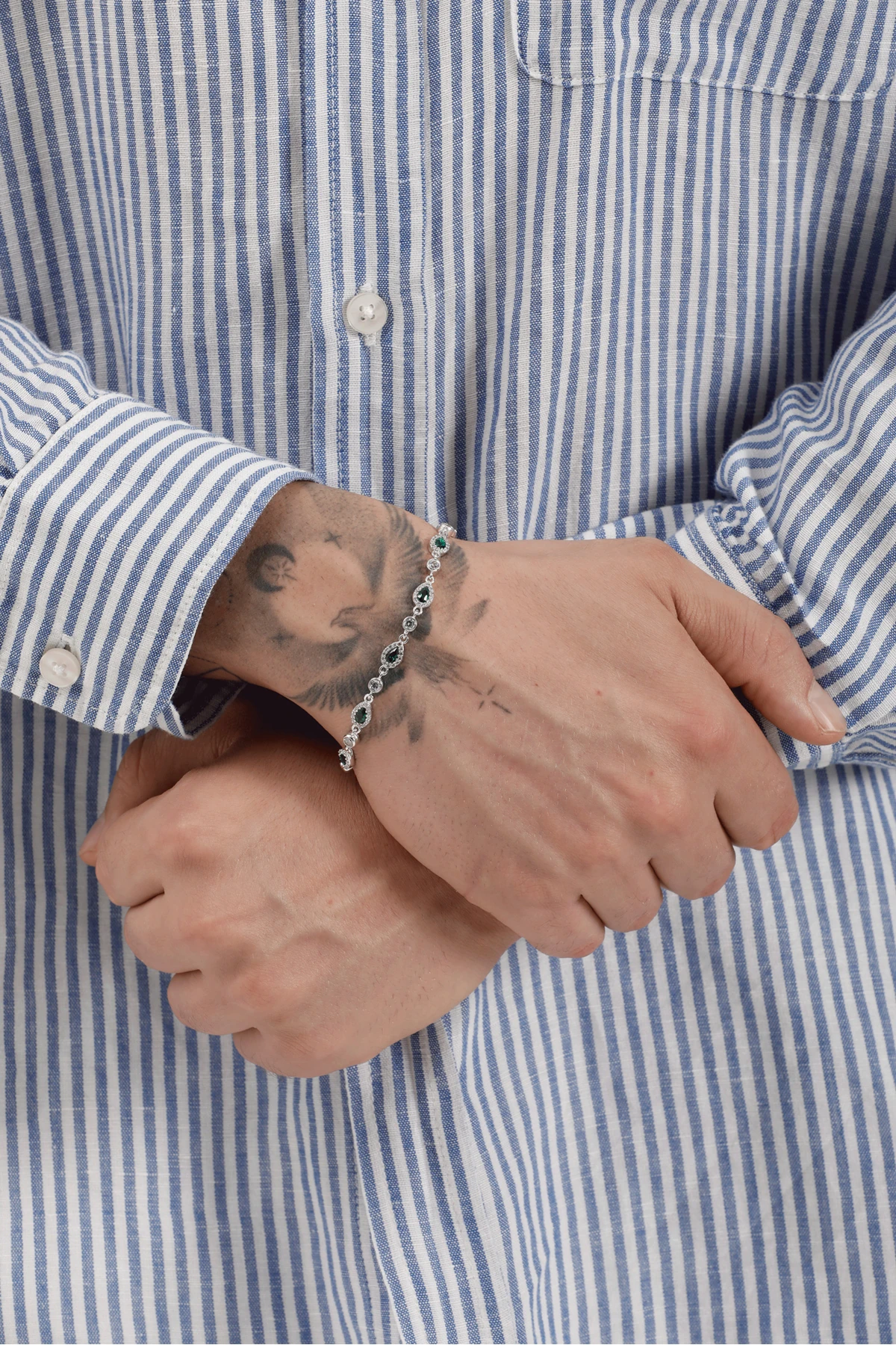 Luthien 925 Ayar Gümüş Yeşil Damla Taşlı Erkek Bileklik – Parlak Zirkon Detaylı