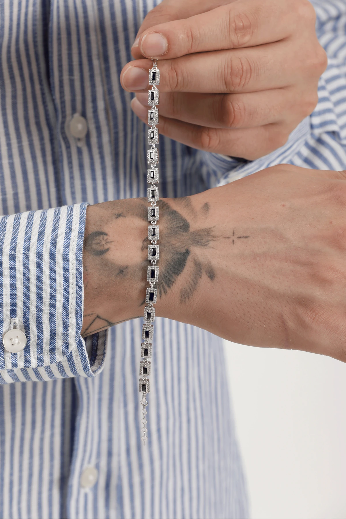 Imin 925 Ayar Gümüş Siyah Baget Taşlı Erkek Bileklik – Parlak Zirkon Çevreli