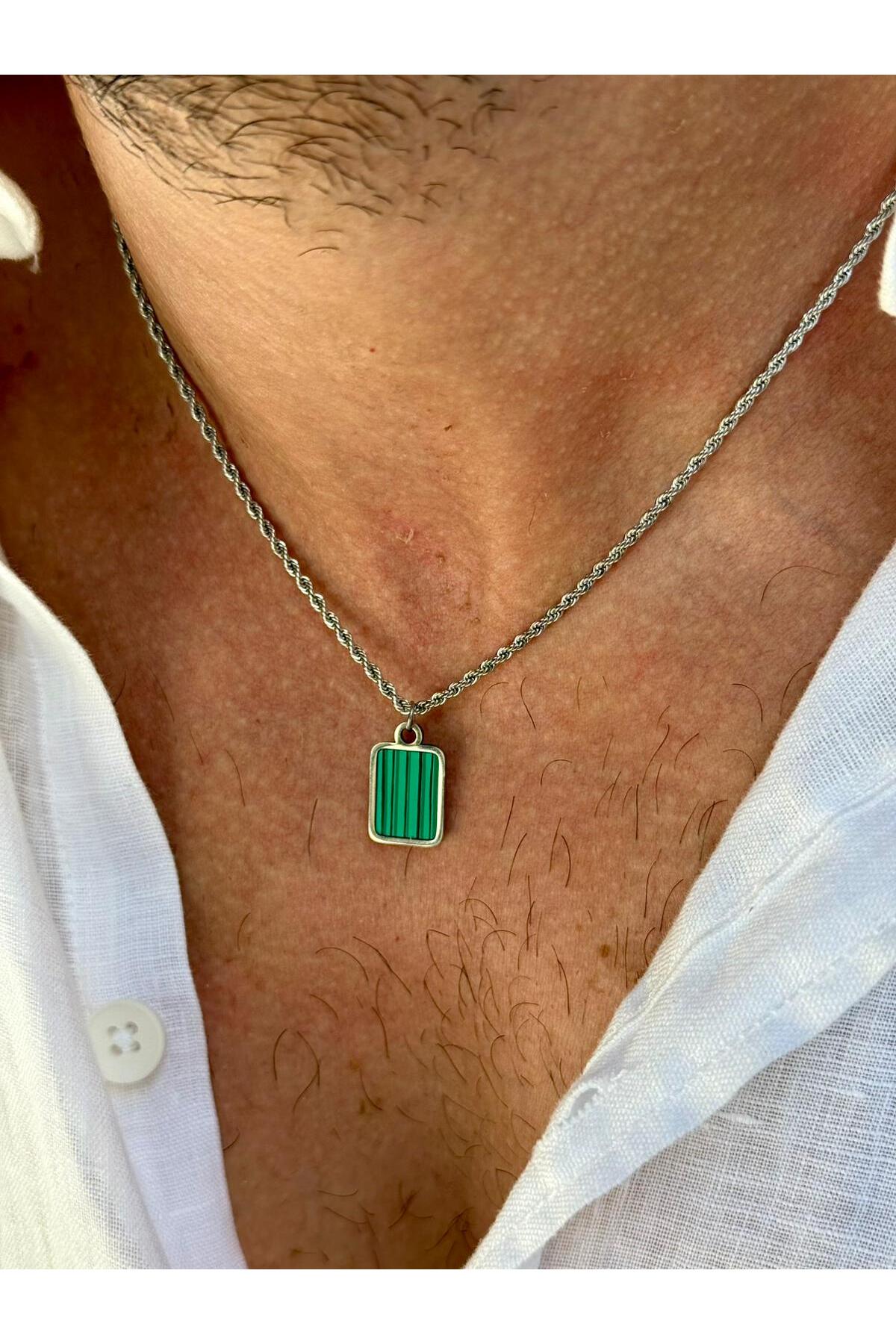 Haldir Erkek Burgu Zincirli Yeşil Doğal Taş Uçlu Çelik Kolye