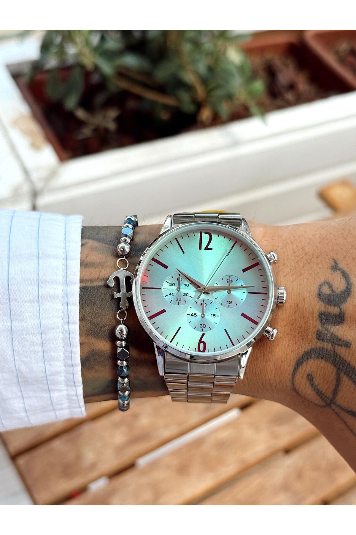 Renkli Camlı, Gümüş Metal Kordonlu, Kronograf Göstergeli Erkek Kol Saati