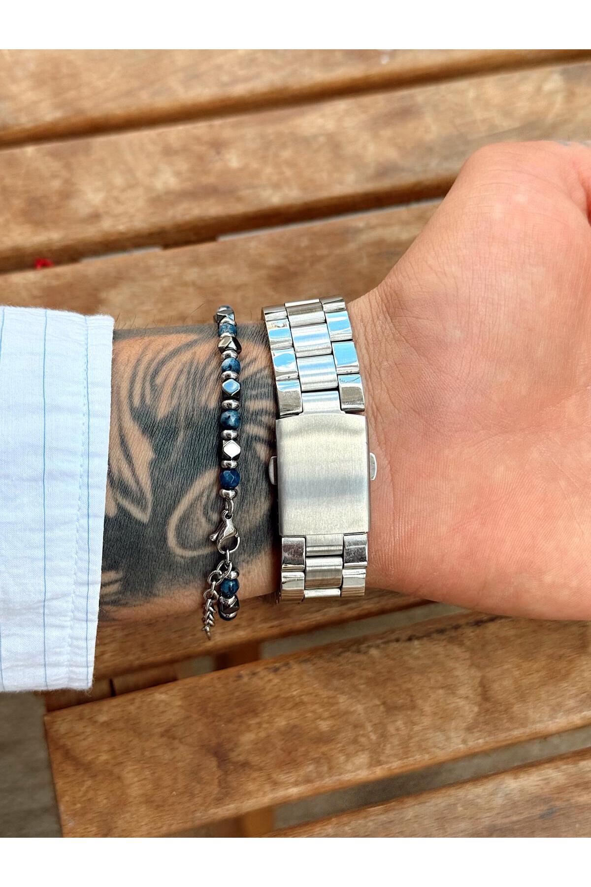 Renkli Camlı, Gümüş Metal Kordonlu, Kronograf Göstergeli Erkek Kol Saati