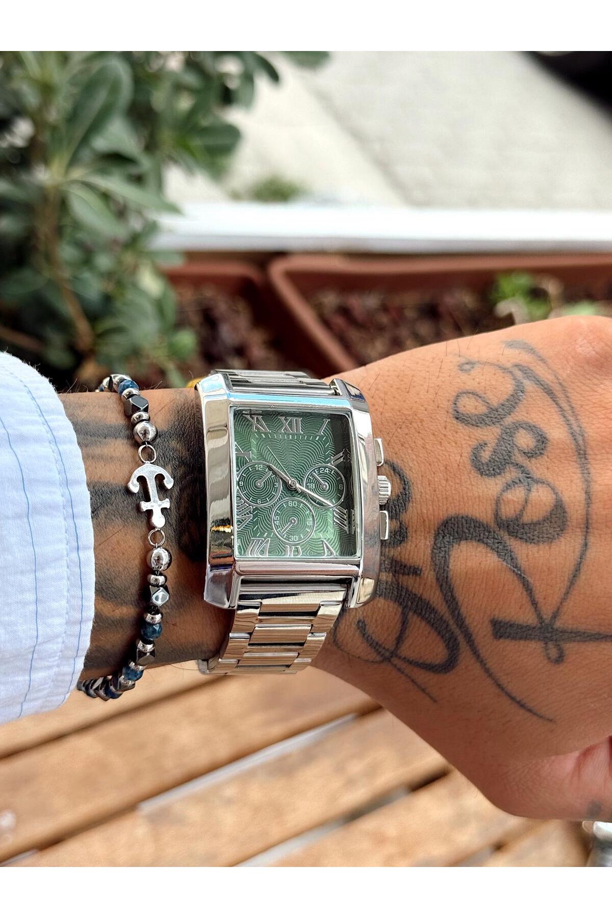 Dikdörtgen Kasa,Gümüş Metal Kordon, Yeşil Kadran, Roma İndeksli Erkek Kol Saati