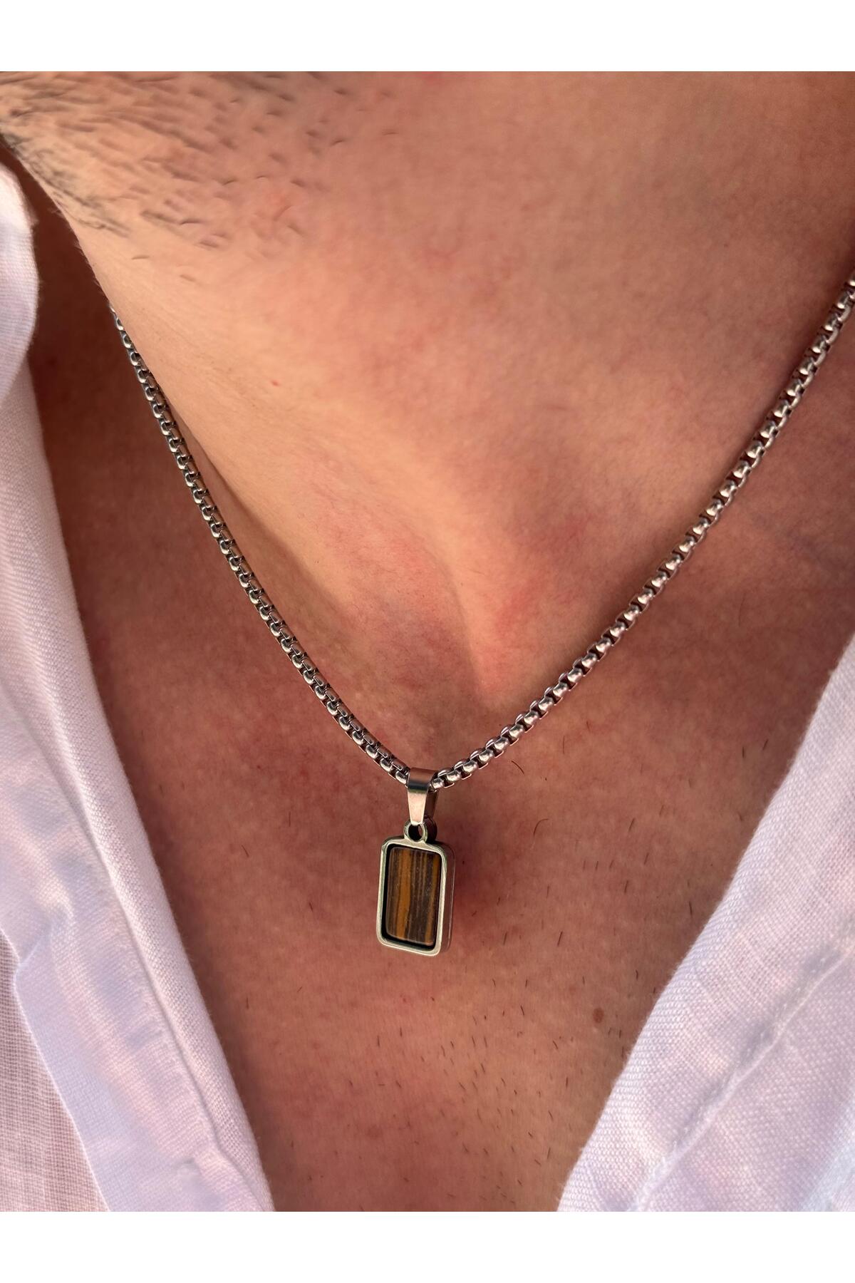 Utumno Erkek Minimal Dikdörtgen Kahverengi Kaplan Göz Doğal Taş Uçlu Çelik Kolye