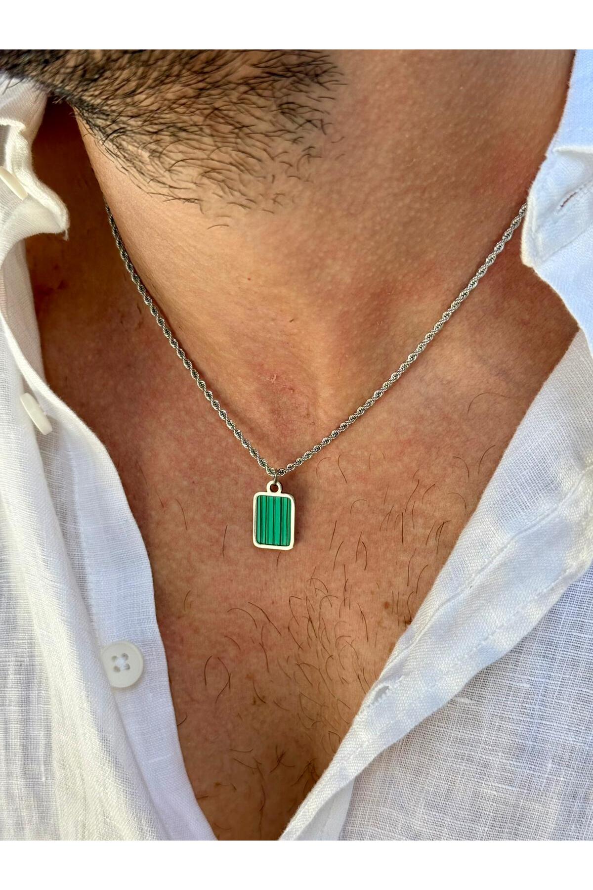 Haldir Erkek Burgu Zincirli Yeşil Doğal Taş Uçlu Çelik Kolye