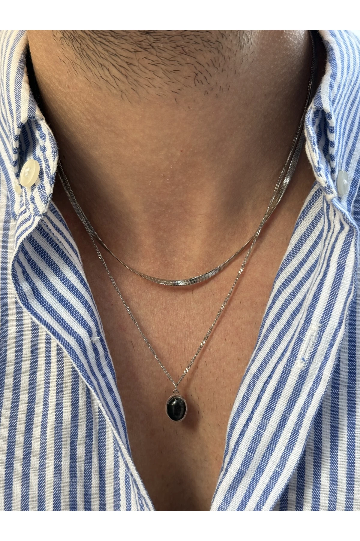 Mithrandir 2'li İtalyan Zincirli Siyah Doğal Taşlı Gümüş Renk Zincirli Erkek Kararmaz Çelik Kolye