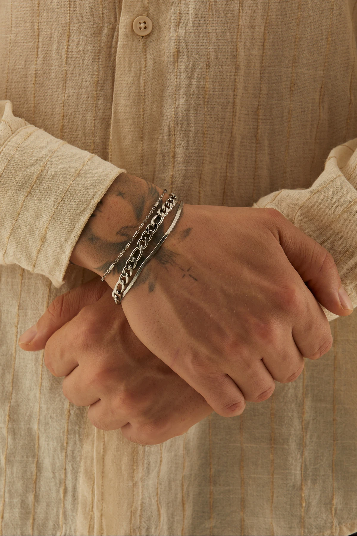 Valier Gümüş Renk Erkek Paslanmaz Çelik 3’lü Bileklik Seti – İnce Yassı, Burgu ve İnce Zincir Model