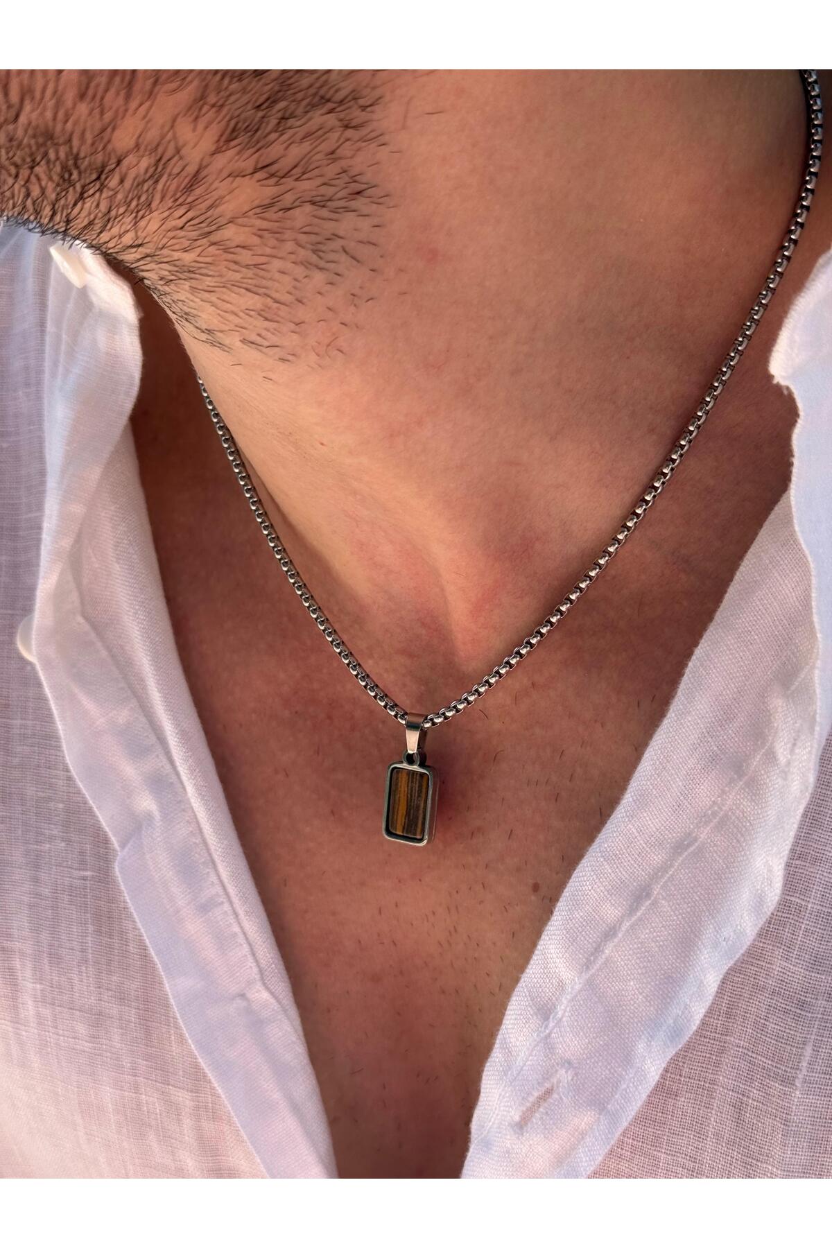 Utumno Erkek Minimal Dikdörtgen Kahverengi Kaplan Göz Doğal Taş Uçlu Çelik Kolye