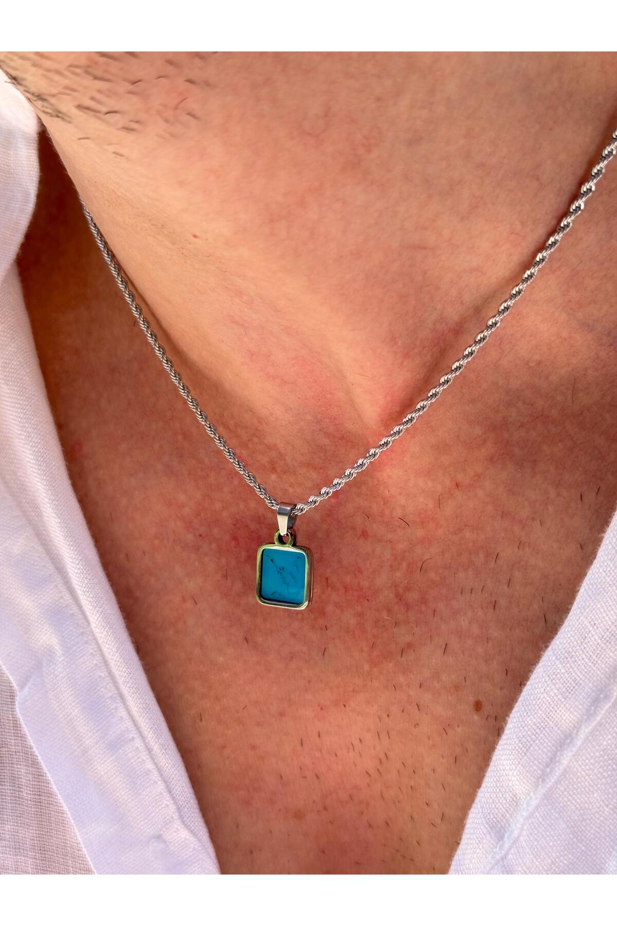 Bunta Erkek Minimal Kare Mavi Doğal Taş Uçlu Çelik Kolye