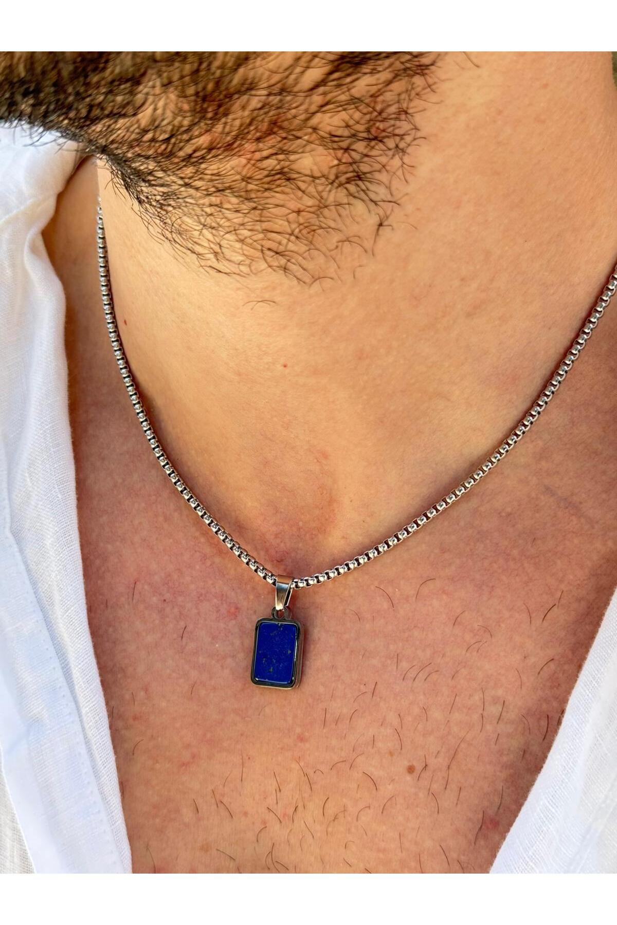 Finrod Erkek Minimal Dikdörtgen Lacivert Lapis Lazuli Doğal Taş Uçlu Çelik Kolye