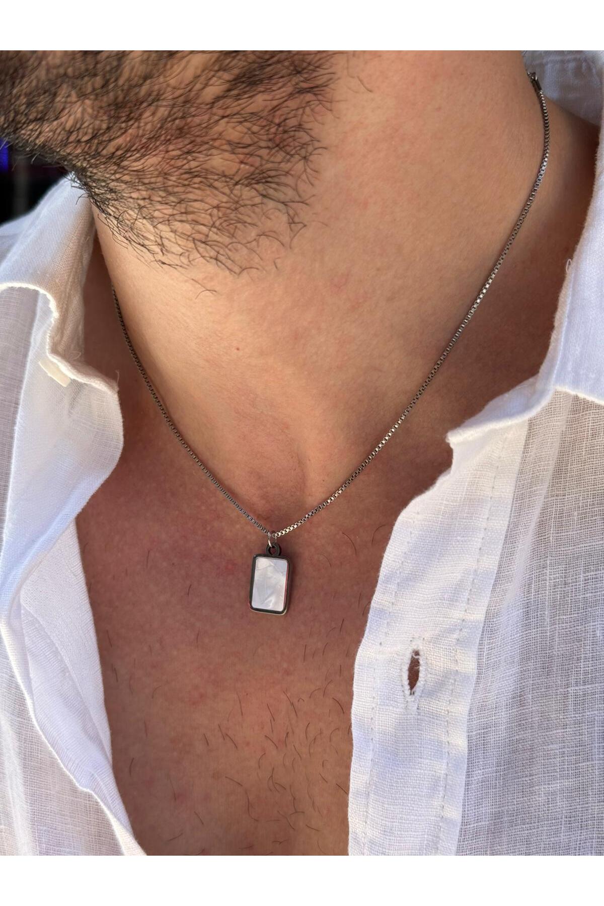 Atalente Erkek Minimal Dikdörtgen Beyaz Oniks Doğal Taş Uçlu Çelik Kolye