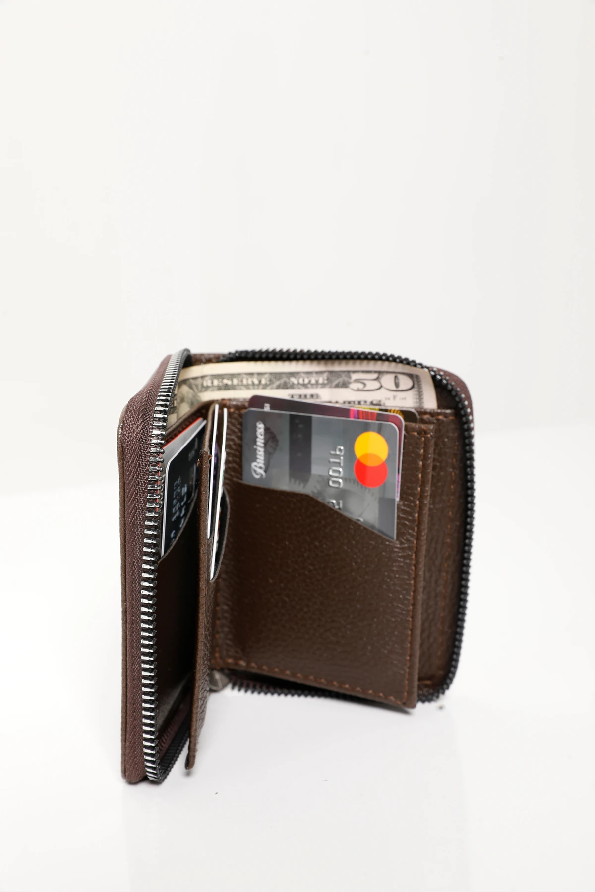 Erkek Kahverengi Vegan Deri Dikey Fermuarlı Kartlık Ve Cüzdan