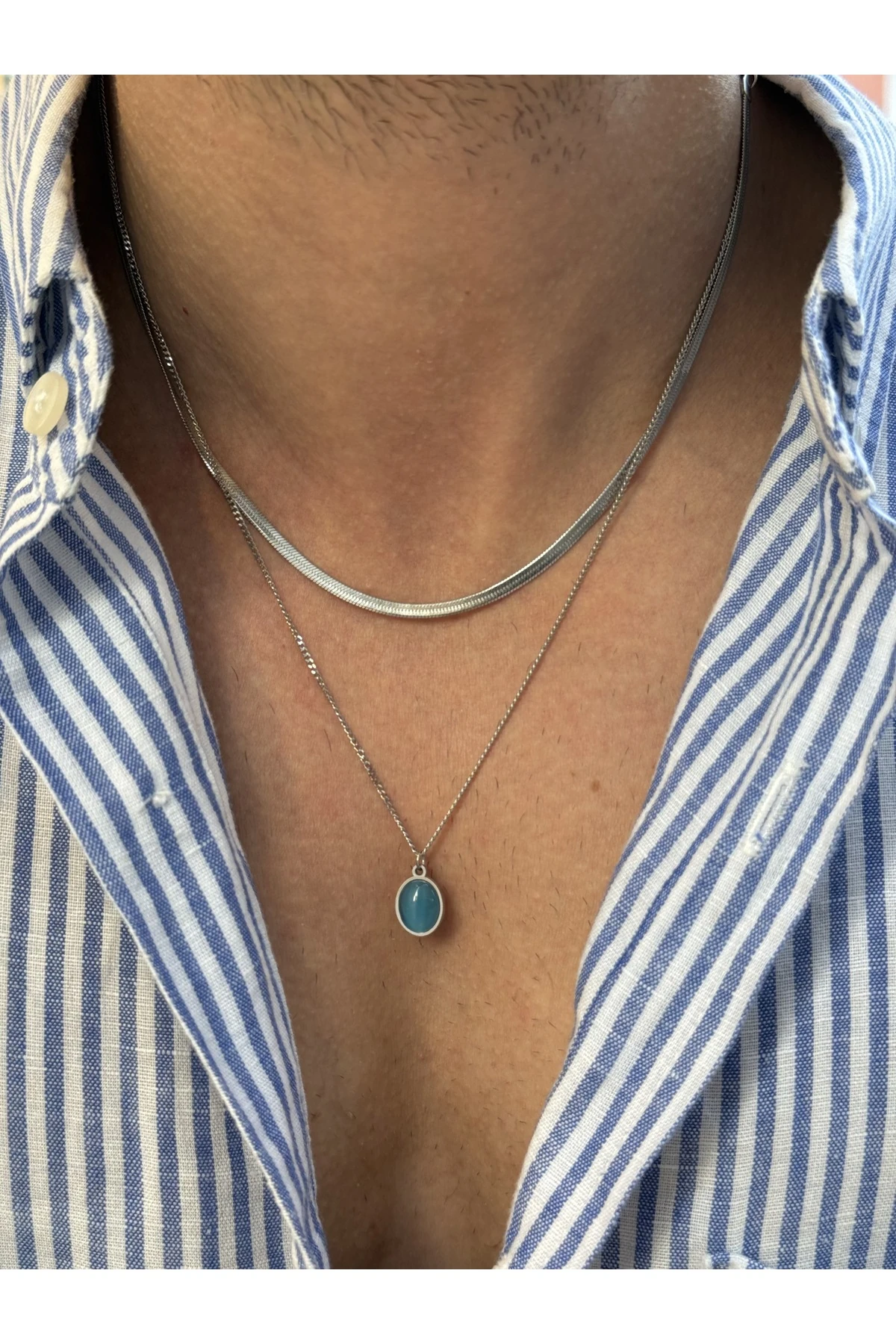 Viserys 2'li İtalyan Zincirli Aqua Mavi Doğal Taşlı Gümüş Renk Zincirli Erkek Kararmaz Çelik Kolye