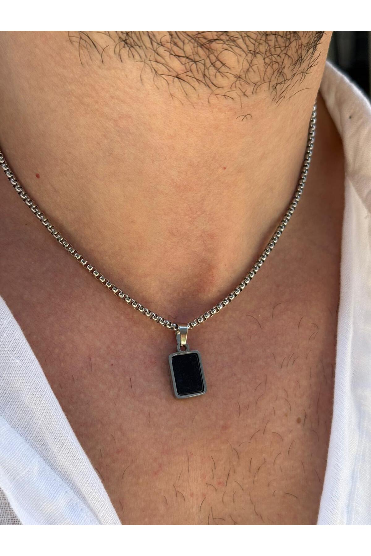 Butch Erkek Minimal Dikdörtgen Siyah Oniks Doğal Taş Uçlu Çelik Kolye
