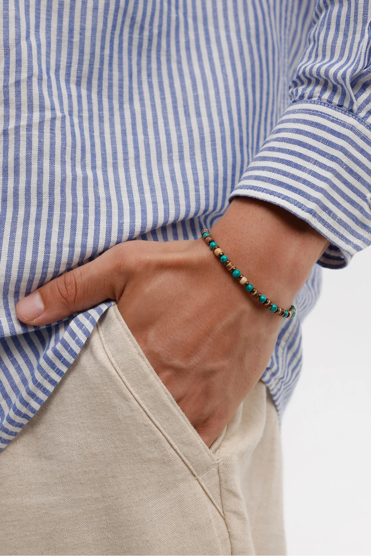 Nenya Bohem Tarz Yeşil ve Kahverengi Tonlu Doğal Taş Makrome Erkek Bileklik