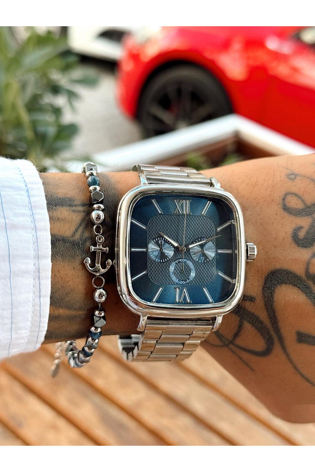 Kare Kasa,Gümüş Metal Kordon, Lacivert Kadran, Roma İndeksli ve Kronograf Göstergeli Erkek Kol Saati