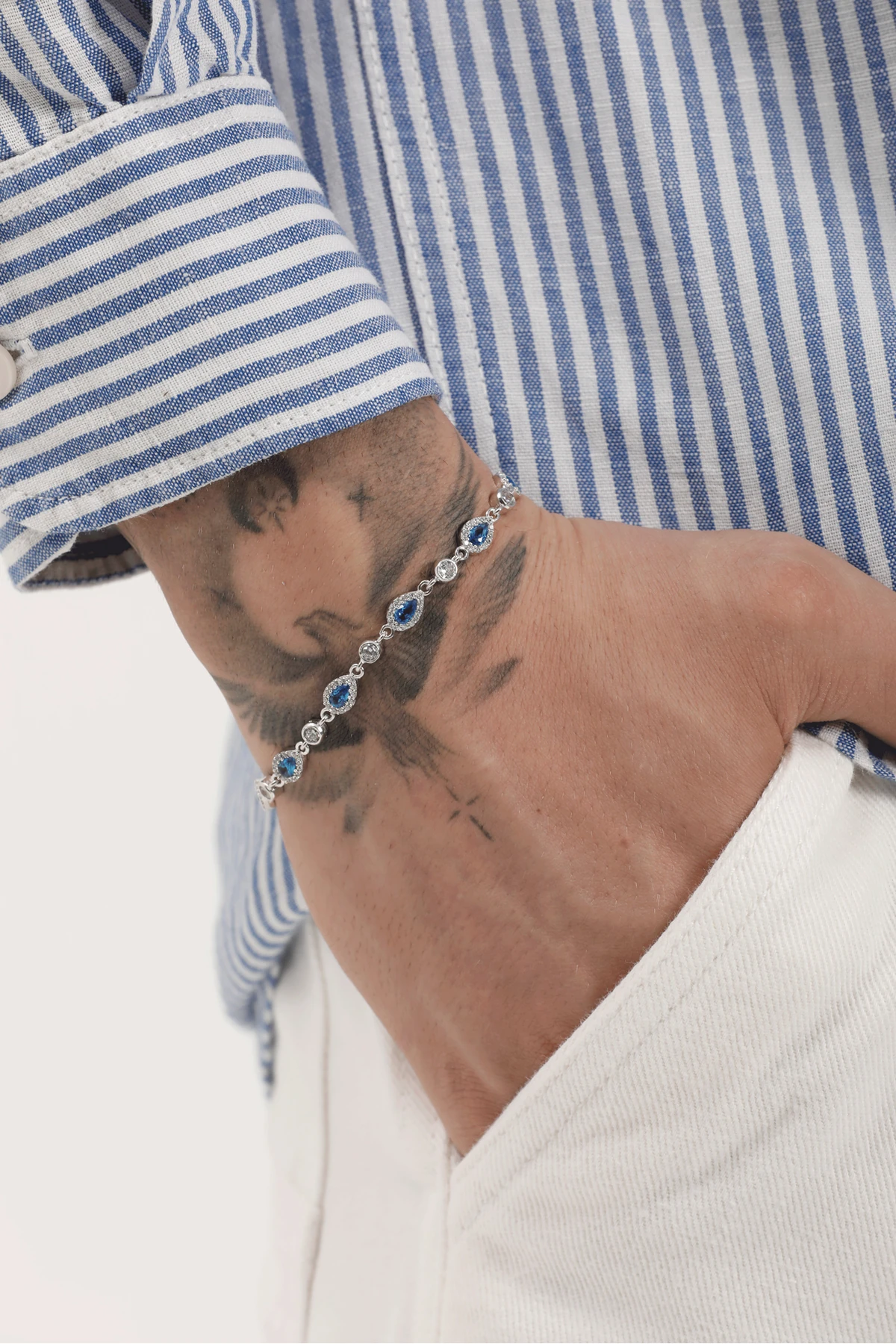 Lindon 925 Ayar Gümüş Mavi Damla Taşlı Erkek Bileklik – Parlak Zirkon Detaylı