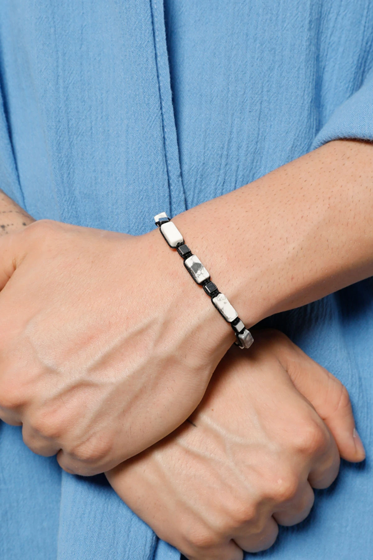 Turambar Beyaz Doğal Taşlı Erkek Ayarlanabilir Makrome Bileklik