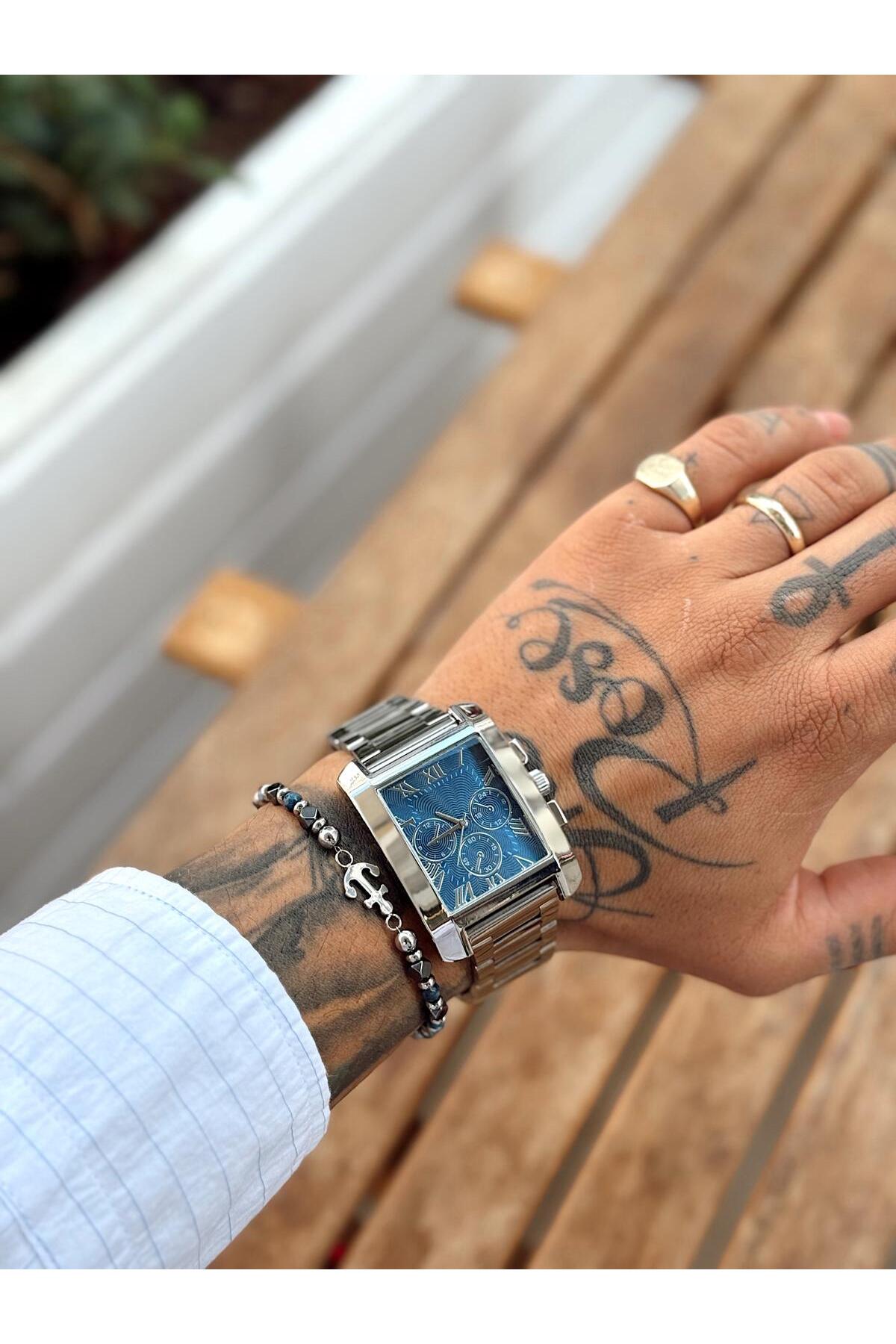 Dikdörtgen Kasa,Gümüş Metal Kordon, Lacivert Kadran, Roma İndeksli Erkek Kol Saati