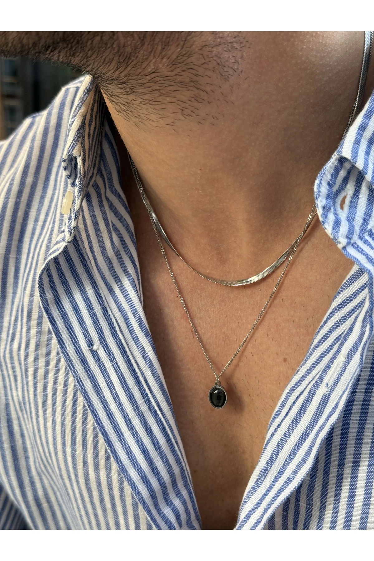 Mithrandir 2'li İtalyan Zincirli Siyah Doğal Taşlı Gümüş Renk Zincirli Erkek Kararmaz Çelik Kolye