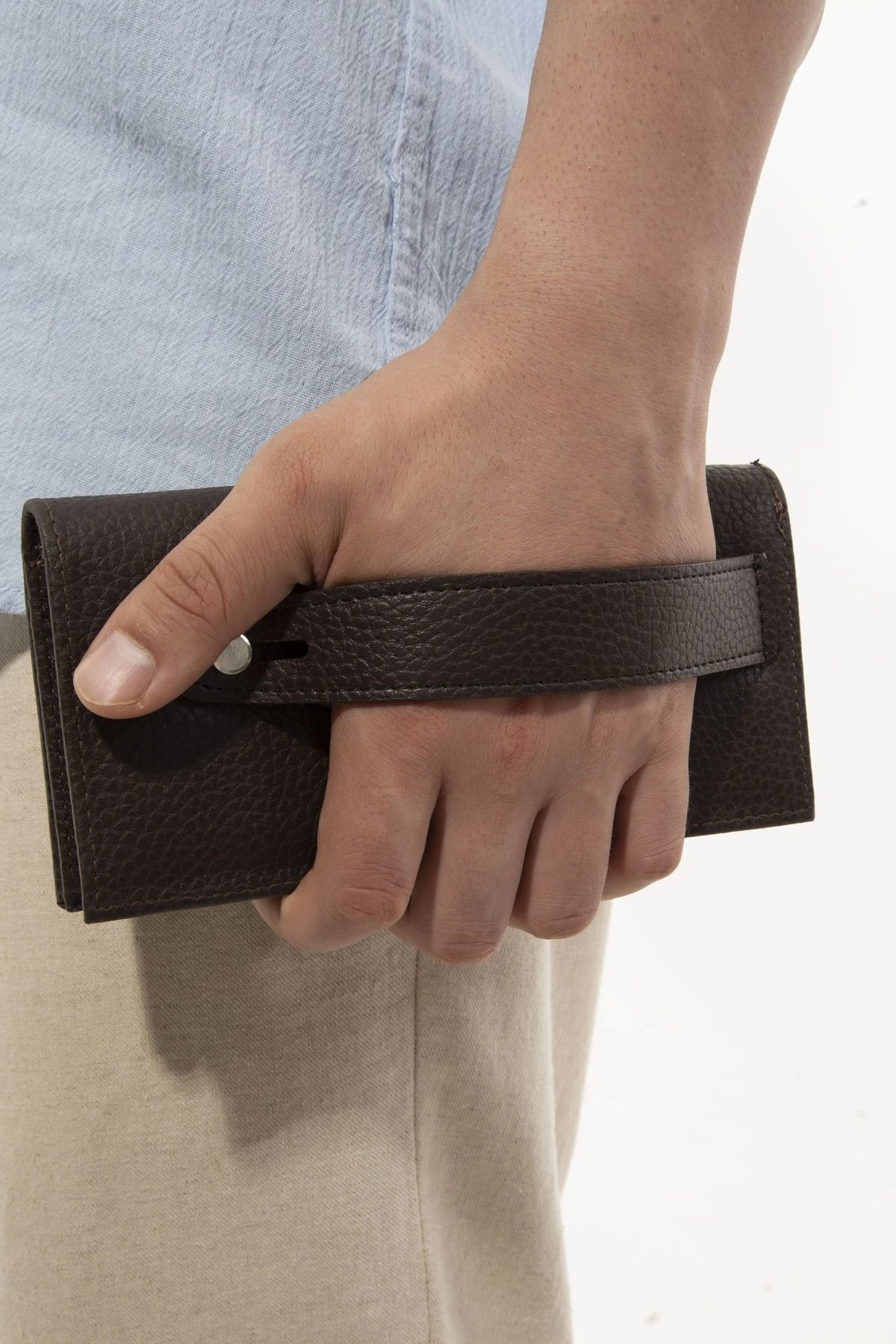 Erkek Kahverengi Suni Deri Telefon Bölmeli 10 Kartlık Şeffaf Gözlü Cüzdan